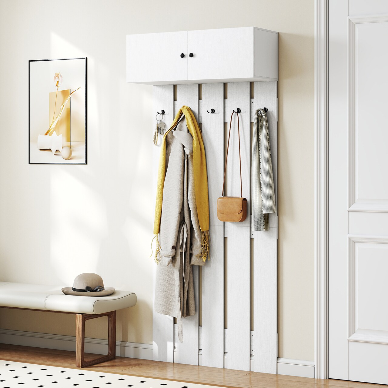 2-in-1 Wooden Wall Coat Rack with Storage Cabinet and Hooks for Living Room and Hallway